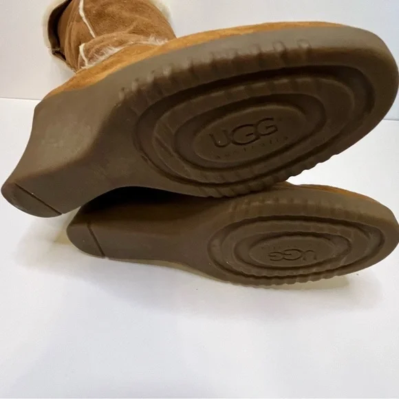 UGG Women's Sandra S/N 5449 Tan Leather Shearling Tall Wedge Boots Size 8 - Picture 14 of 16